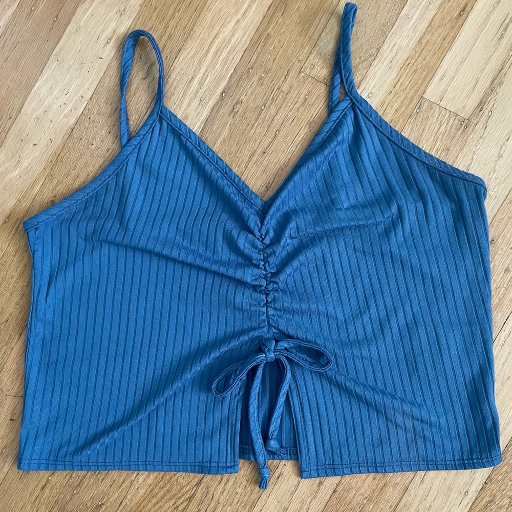 YMI Collections Large Blue Tie Front Ribbed Cropped Tank Top
